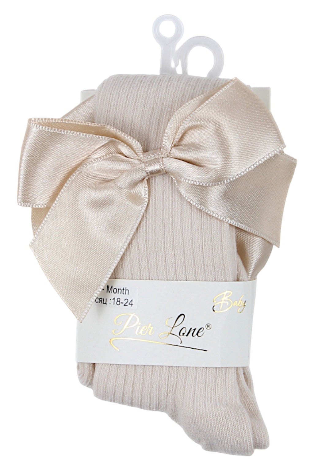Girls' cotton tights with a bow and ribbed pattern, beige, Pier Lone 1419-81025