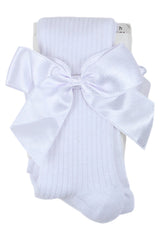 Girls' cotton tights with a bow and ribbed pattern, white, Pier Lone 1419-81025