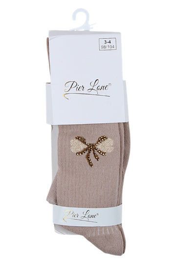 Beige girls' tights with a bow and a zircon heart Pier Lone 1516-81025