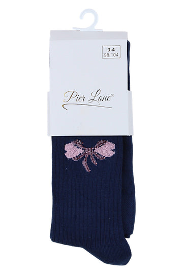 Bow and heart tights with rhinestones for girls, navy blue, Pier Lone 1516-81025-23