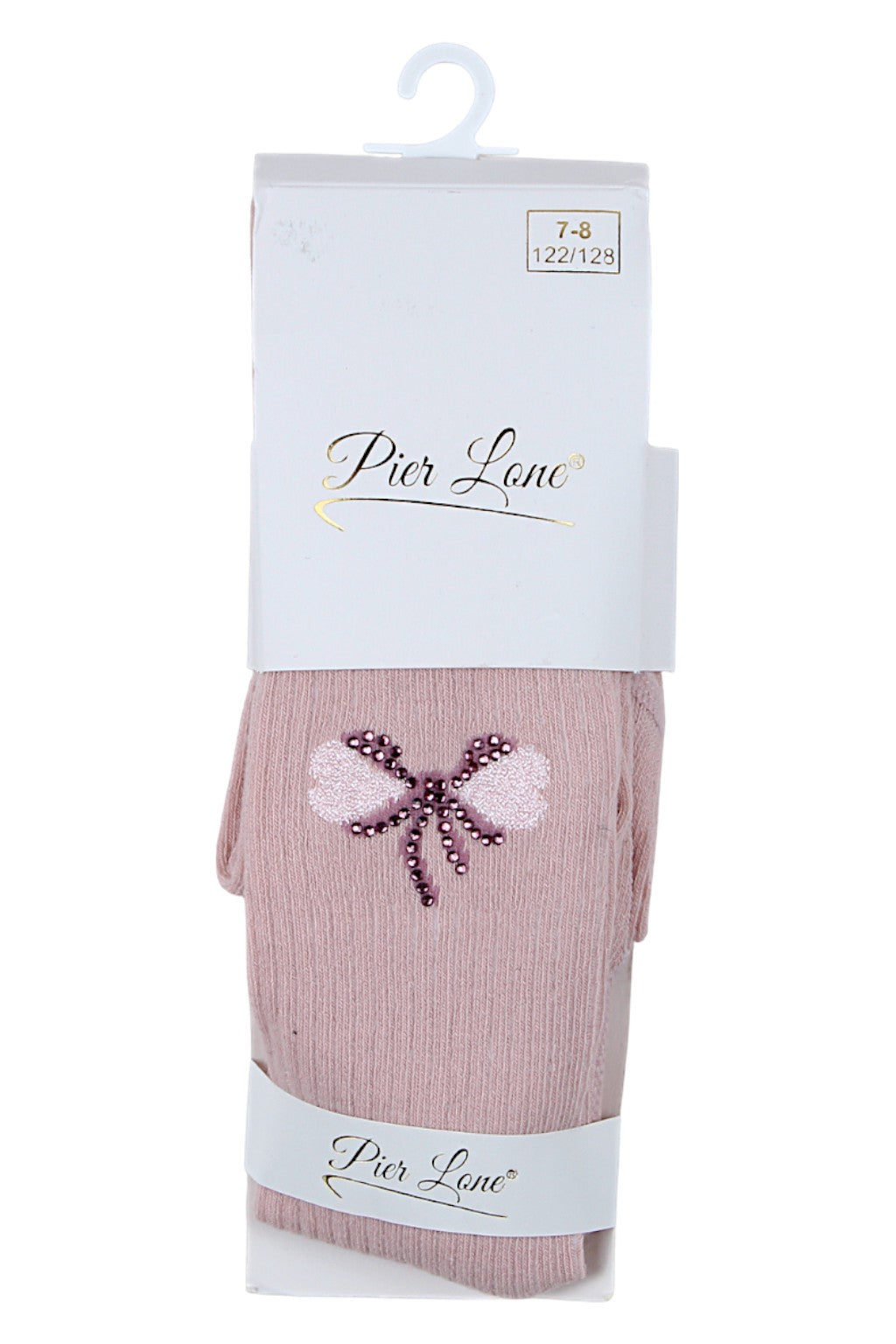 Girls' tights, powder pink, with a bow and rhinestone hearts, Pier Lone 1516-81025