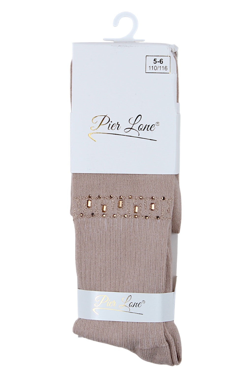 Girls' cotton tights with zigzag and rhinestones, beige, Pier Lone 2008-81025-1