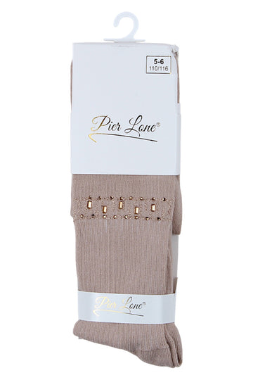 Girls' cotton tights with zigzag and rhinestones, beige, Pier Lone 2008-81025-1