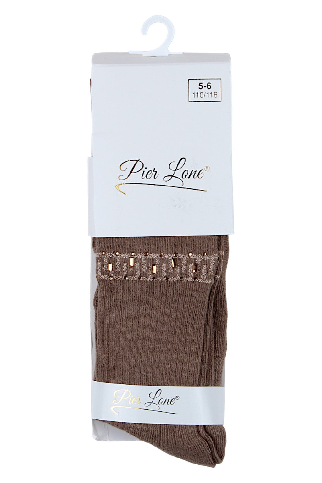 Girls' cotton tights with zigzag and rhinestones, brown, Pier Lone 2008-81025-4