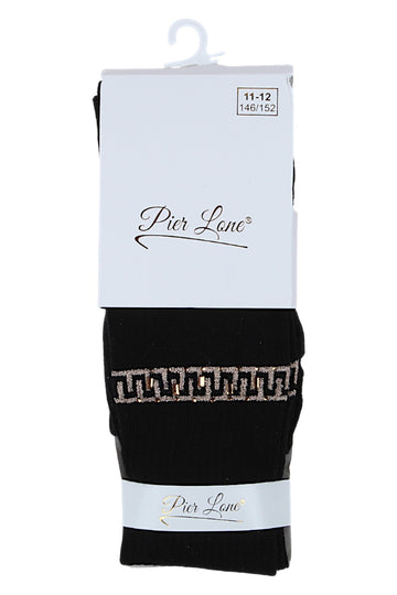 Girls' cotton tights with zigzag and rhinestones, black, Pier Lone 2008-81025-14