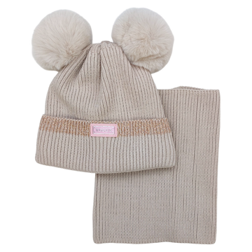 Set of a hat with a scarf with a pompom for girls, beige, Ambra J-1-241024-1
