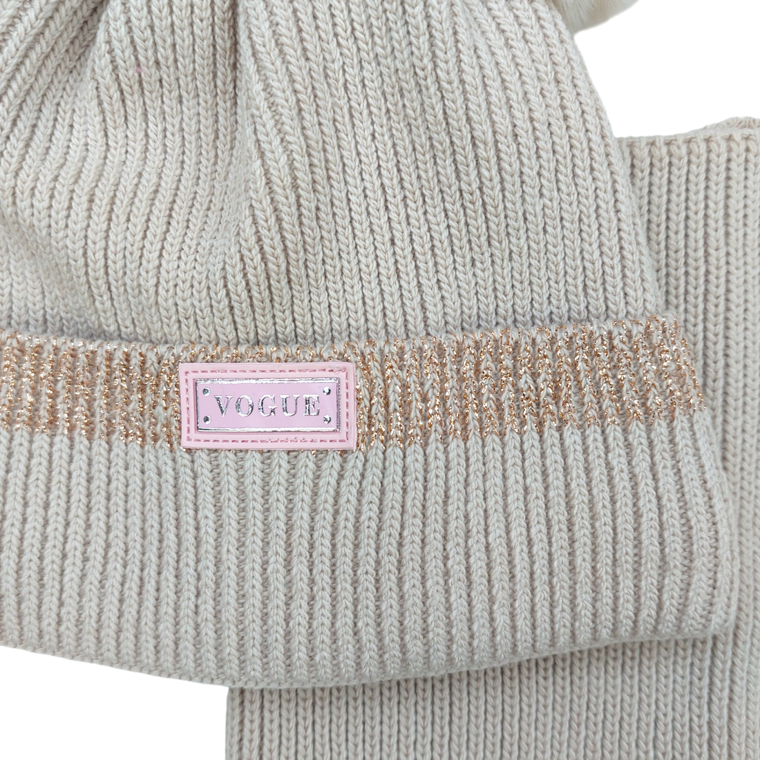 Set of a hat with a scarf with a pompom for girls, beige, Ambra J-1-241024-1