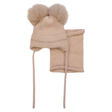 Set of hat with snood 2 pompoms girl beige Ambra D68-241024-40