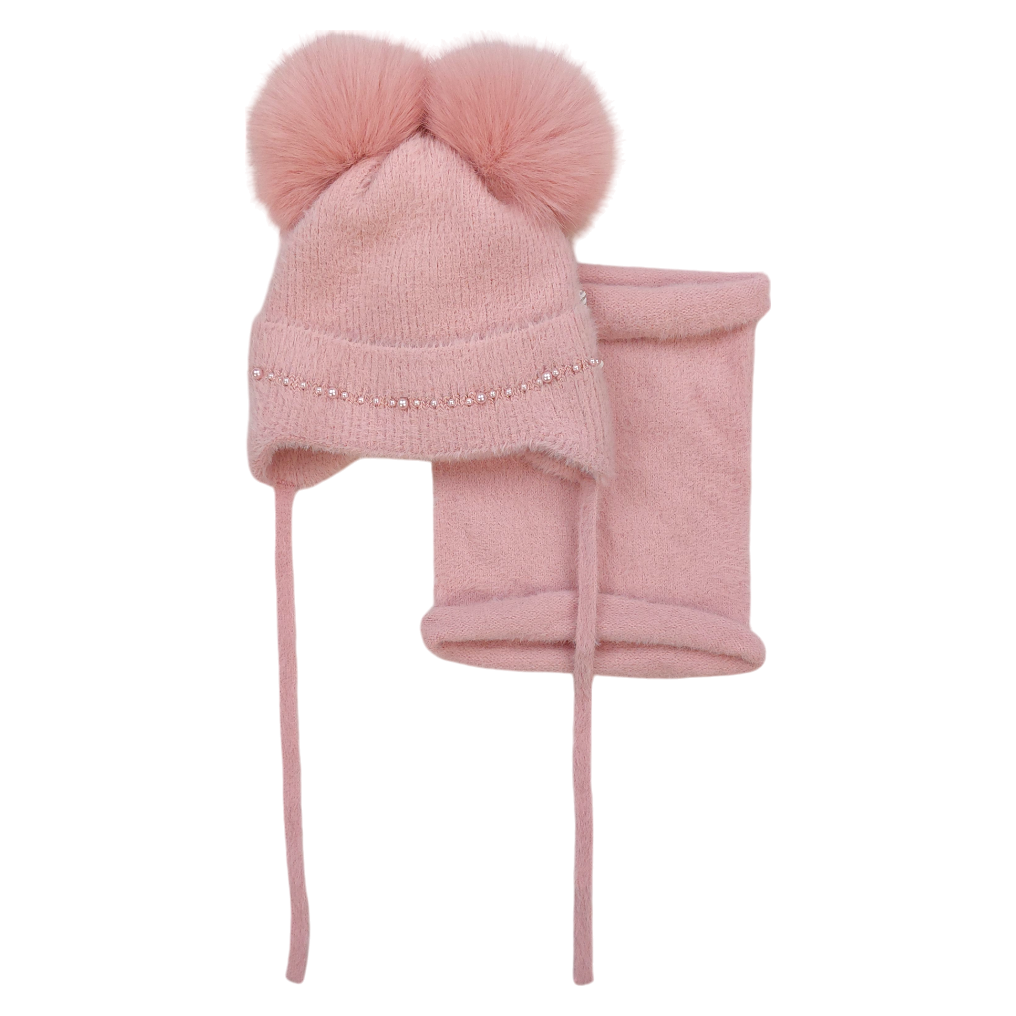 Set of hat with snood 2 pompoms girly powder pink Ambra D68-241024-39
