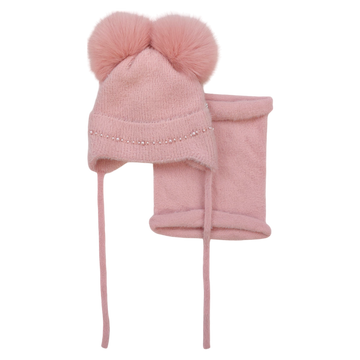 Set of hat with snood 2 pompoms girly powder pink Ambra D68-241024-39
