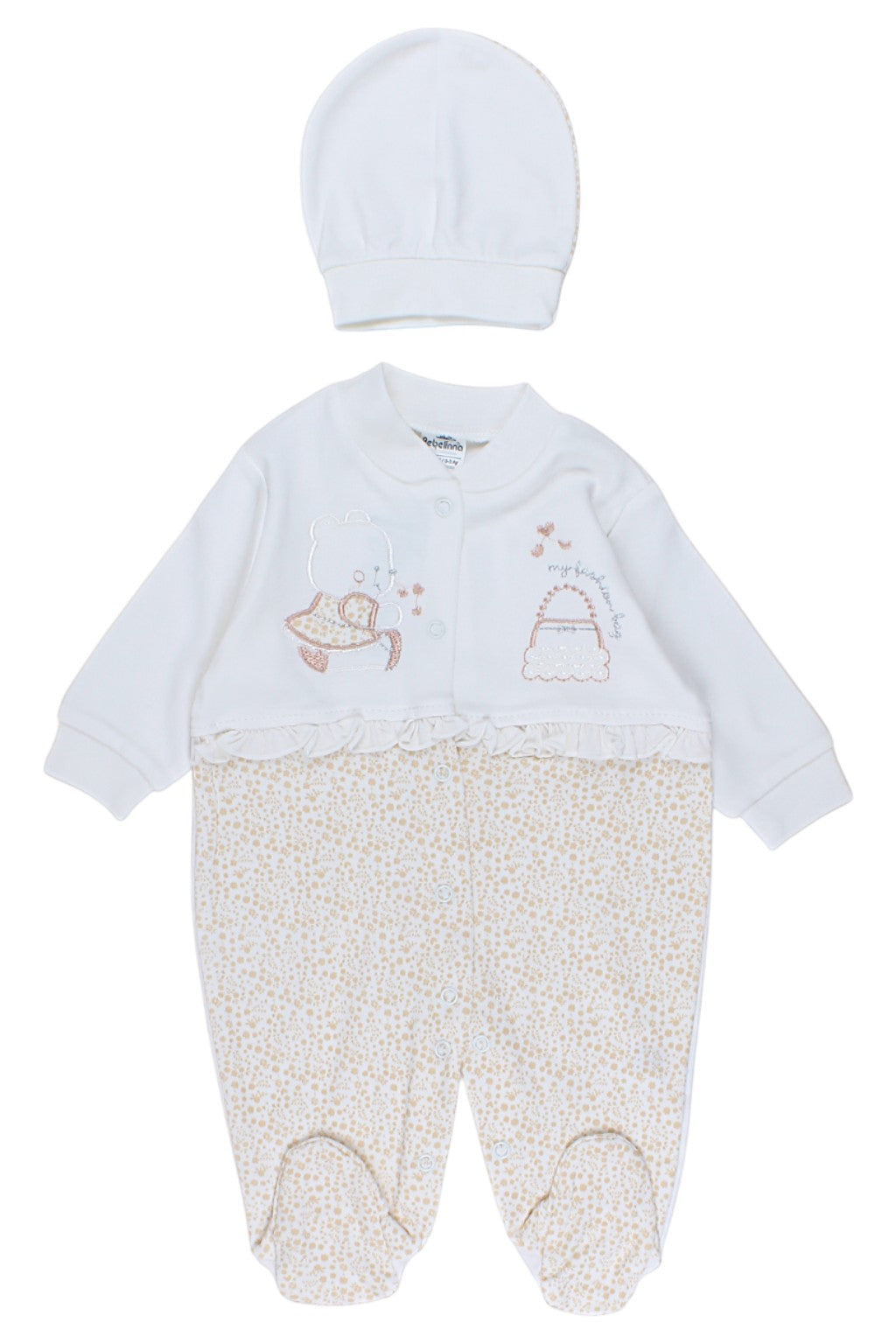 Beige sleepsuit and hat set for girls Bebelinna 2036-6825-1