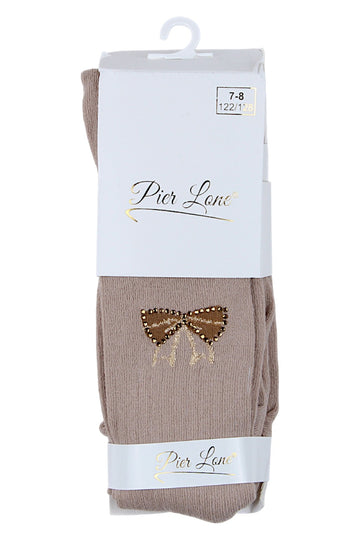 Beige girls' tights with a bow and rhinestones Pier Lone 2212-81025