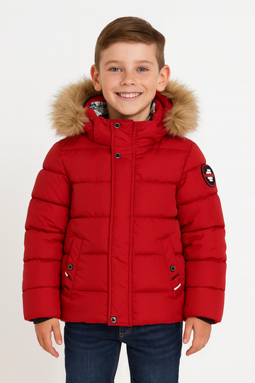 Boy's red fur hooded jacket Happy House KK-1055-91025
