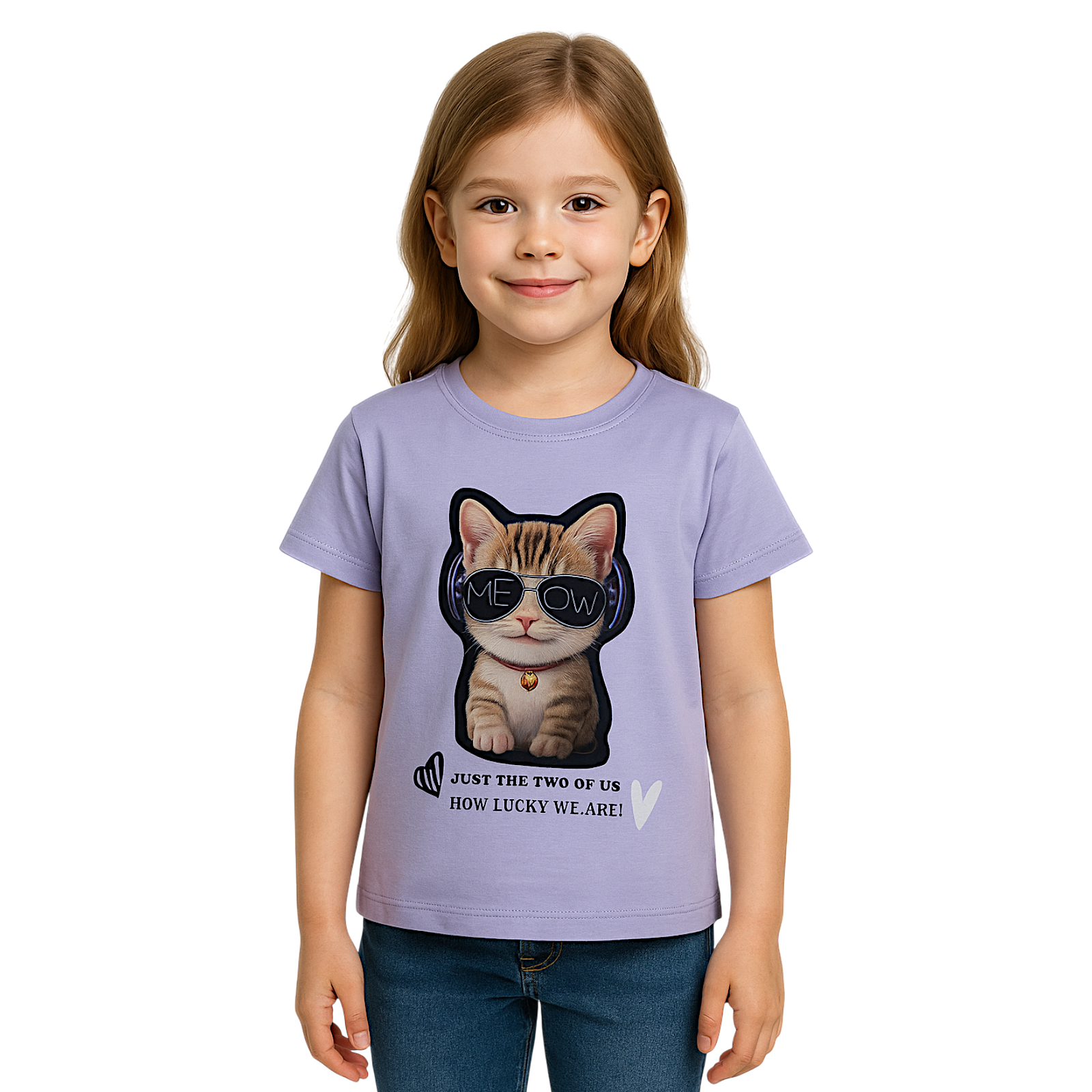 Kitten blouse with diode for girls, lilac, Pampella 2605-30525-29