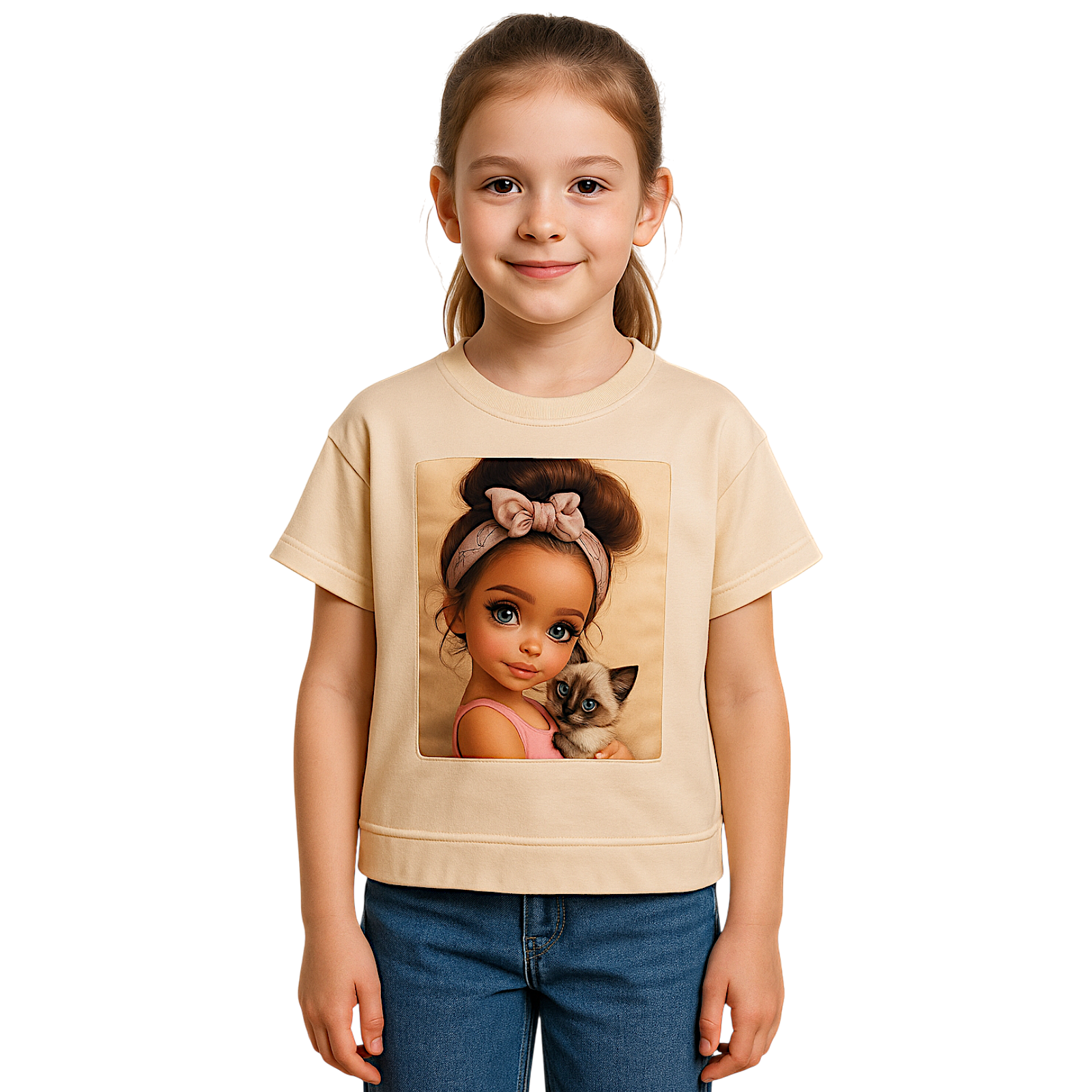 Beige girl's blouse with a cat motif Dresmoda 3421-30525-1