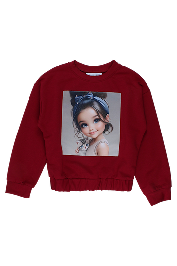 Girls' sweatshirt with a cat, burgundy Guliwerkids 4113-28825