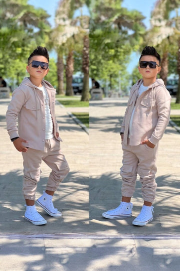 Elegant and sporty set with hood for boys, beige Surprise 5001-19825-1