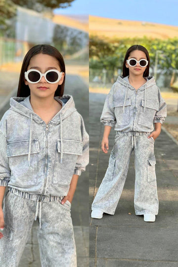 Girls' stretchable tracksuit with combat trousers, gray, Surprise 5021-27825