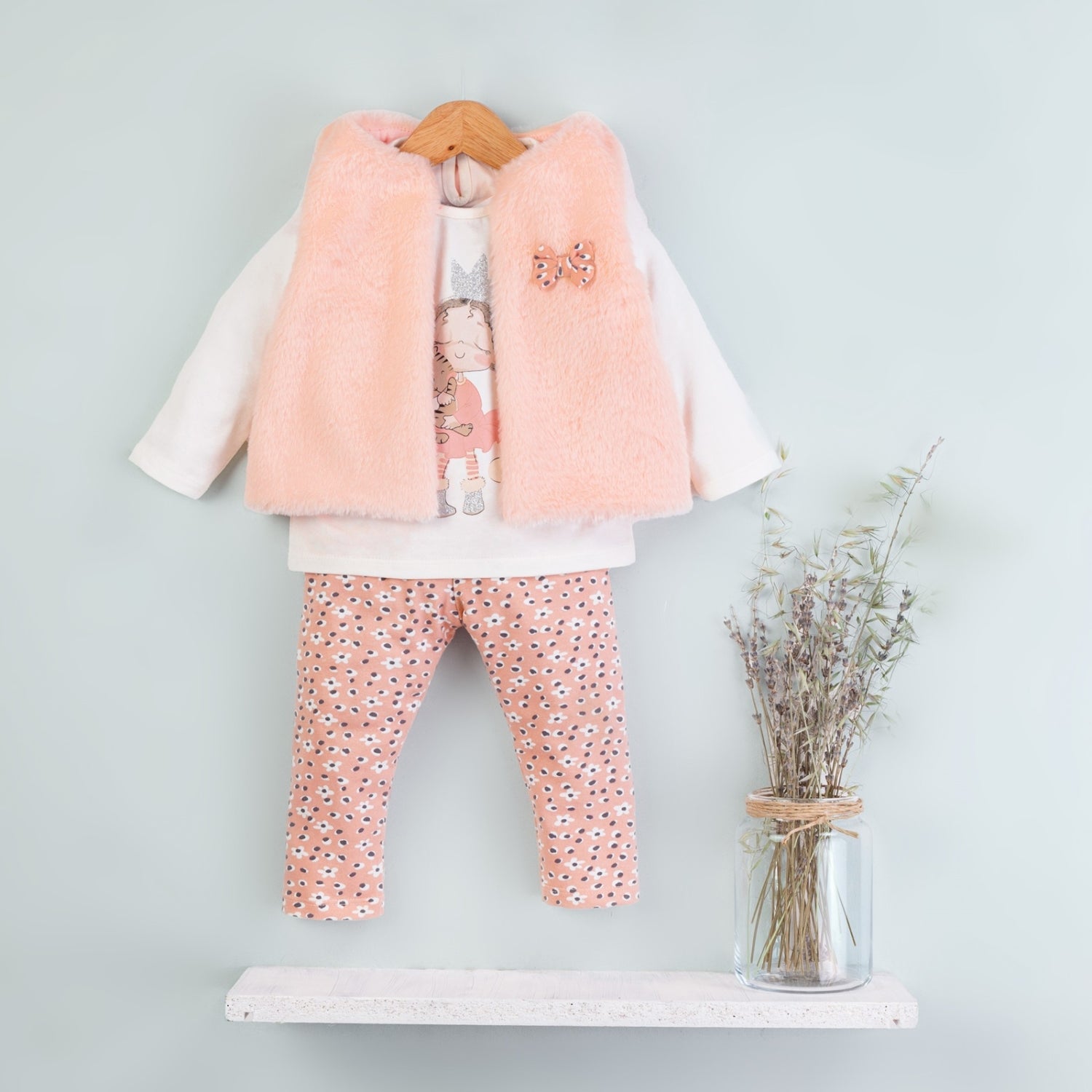 Set of 3 pieces blouse leggings fur vest girly pink Baby rose 7781-13924