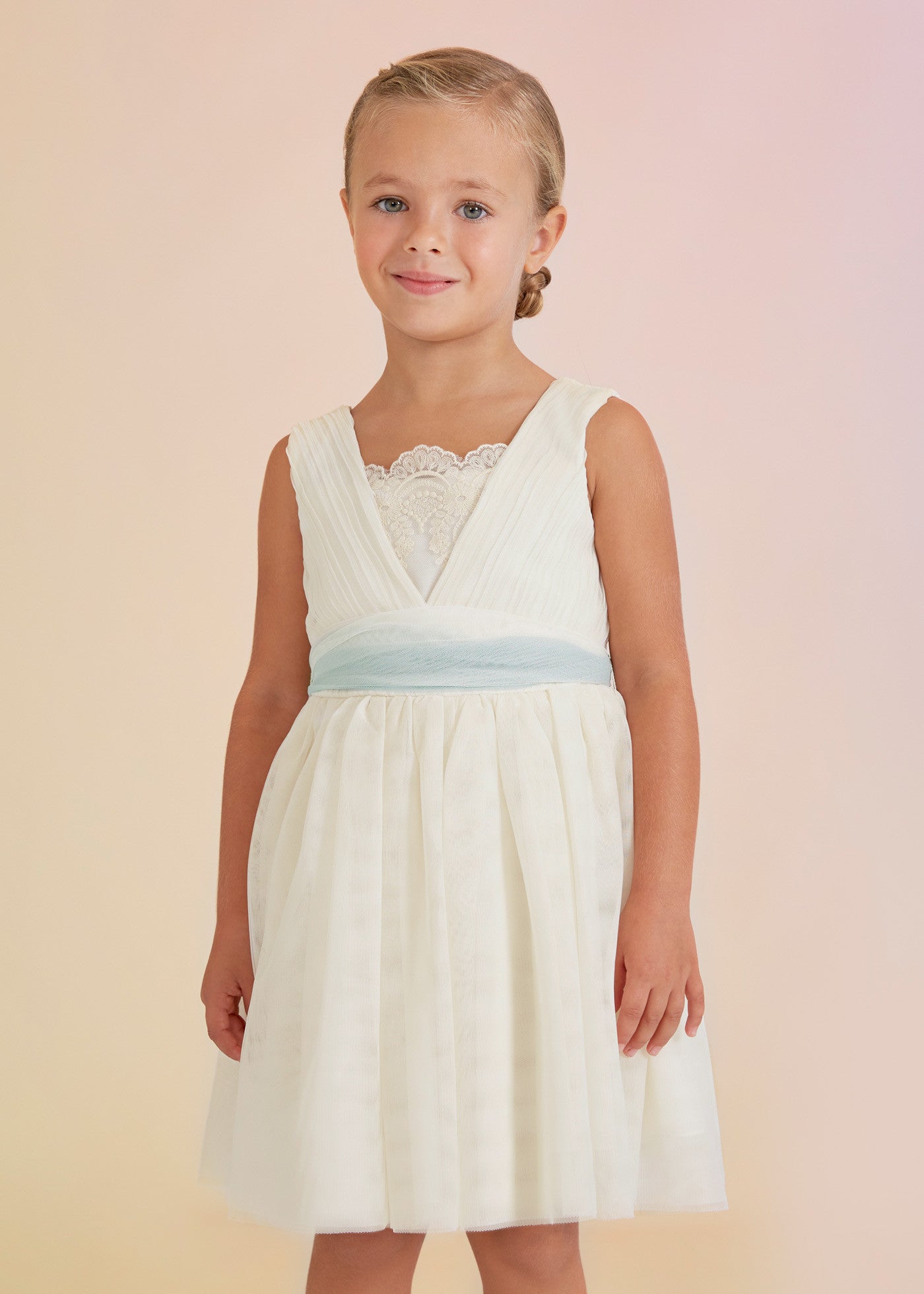 Abel & Lula 5033-4 Sukienka plisowana z tiulem dziewczynka kolor ecru-anise -  - #tag1# - #tag2# - #tag3# - #tag4#