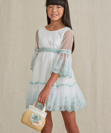 Abel & Lula 5035-14 Sukienka z haftowanym tiulem dziewczynka kolor ecru -  - #tag1# - #tag2# - #tag3# - #tag4#