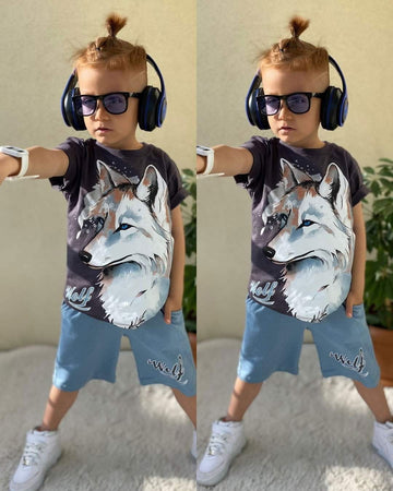 Komplet 2Cz. T-Shirt Szorty Wilk chłopak niebieski 1059-14524 GKMOC -  - #tag1# - #tag2# - #tag3# - #tag4#