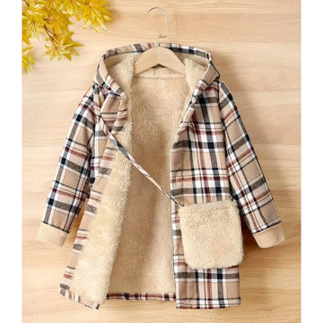 Autumn coat with a bag in a checkered pattern for girls beige Guliwerkids T1005-24924