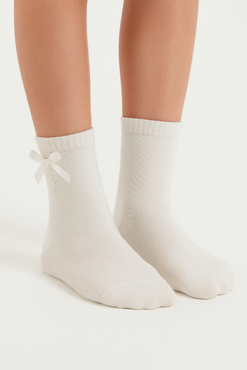 Cream girls' socks with bow and zircon Pier Lone P-2883-3625