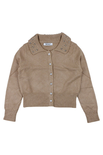 Girls' sweater with collar and decorations, beige Injuly AZ-7004-221025-1