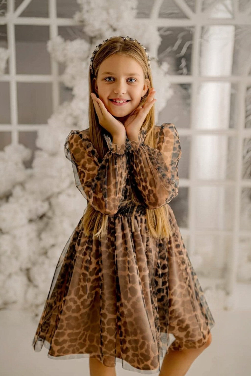 Girls' formal dress, brown leopard print, Talka 6275-51125-4
