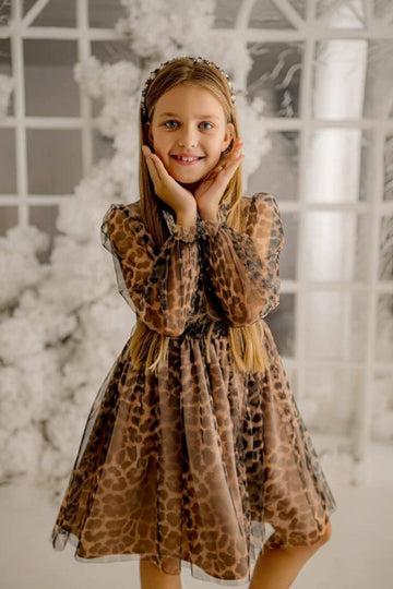 Girls' formal dress, brown leopard print, Talka 6275-51125-4